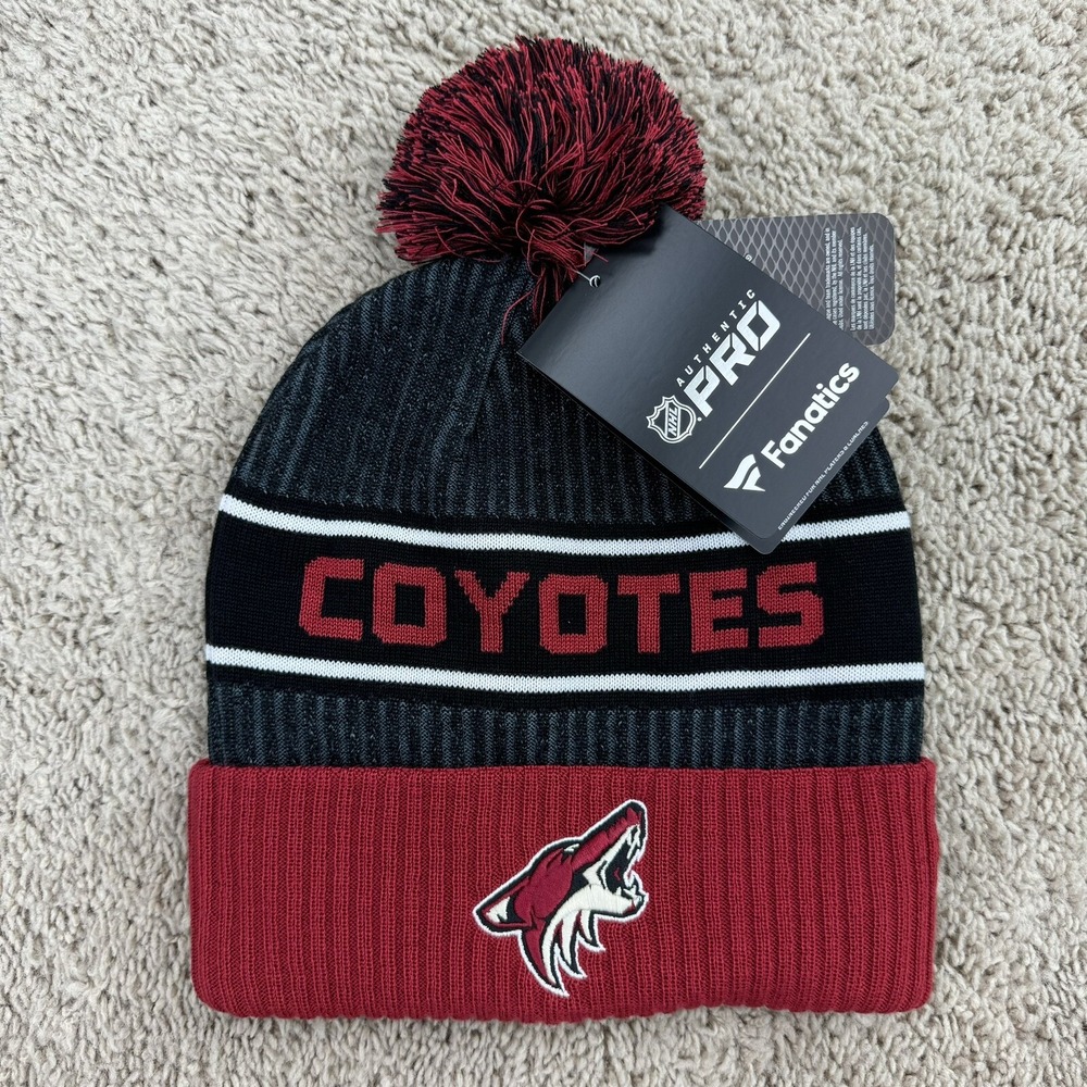Arizona Coyotes Beanie Fanatics Pro Locker Room Black Garnet Cuffed Knit Pom Hat